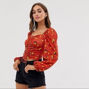 Women’s Flower Print Puff Sleeve Crop Top